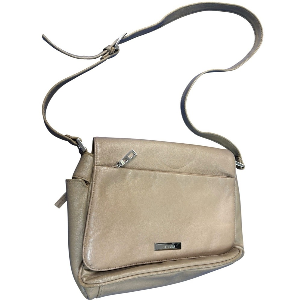 Strada Genuine Cowhide Leather Crossbody Bag Organizer Purse Taupe Vintage Y2K